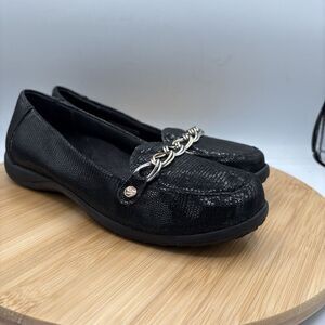 Vionic Comfort Black Leather Chain Loafers Slip On Shoes Women's Size 7.5